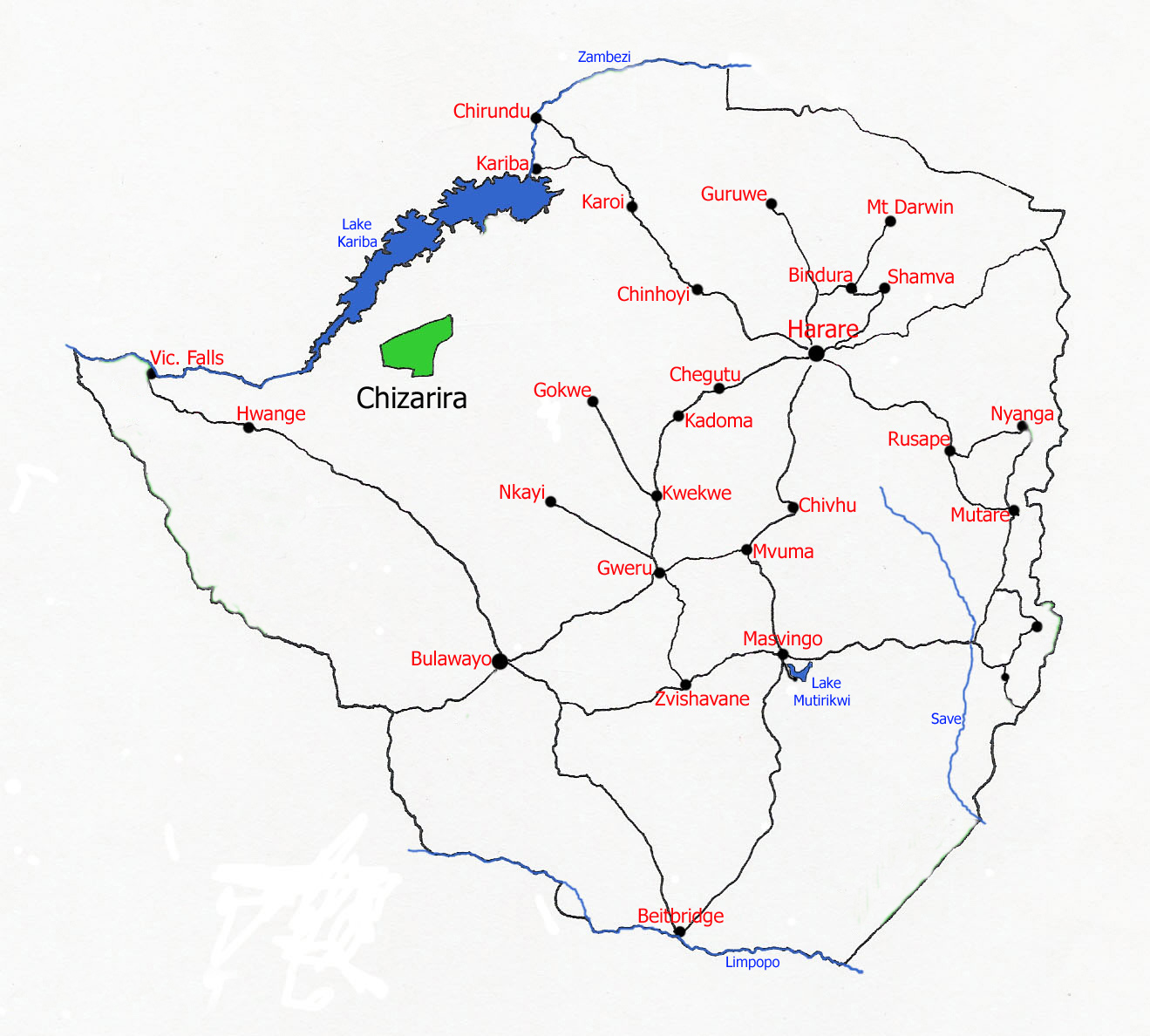 Map showing location of Chizarira National Park