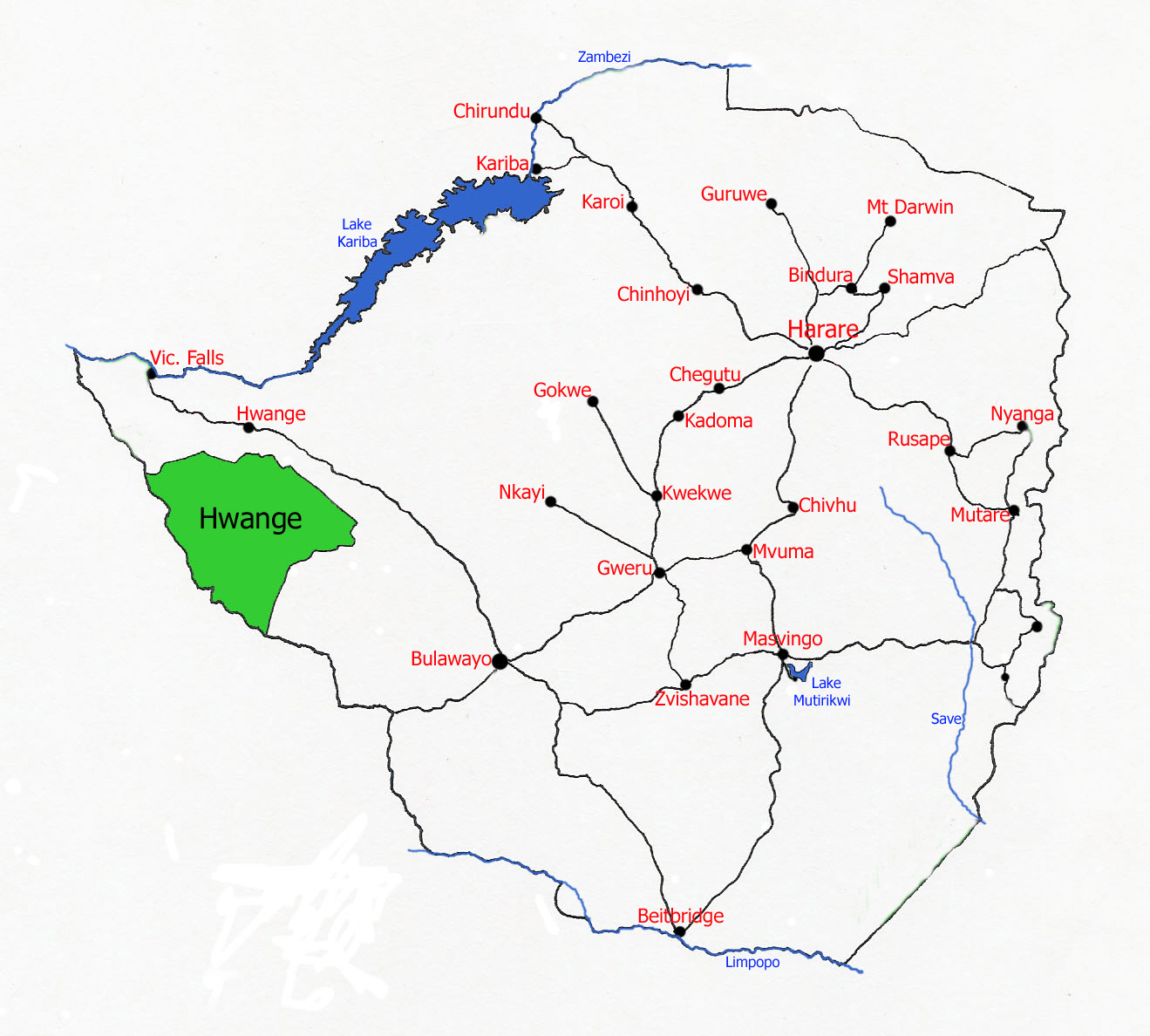 Map showing location of Hwange National Park
